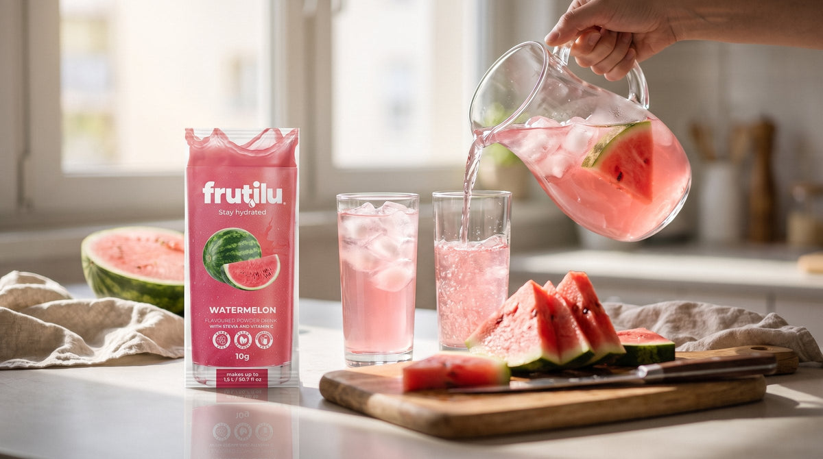 Plic Frutilu Watermelon lângă un ulcior cu apă rozalie, pahare cu gheață și felii de pepene roșu pe blatul bucătăriei