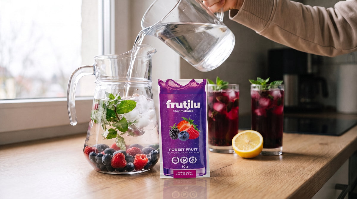 Plic Frutilu Forest Fruit lângă un ulcior cu apă, gheață, mentă și fructe de pădure pe blatul unei bucătării