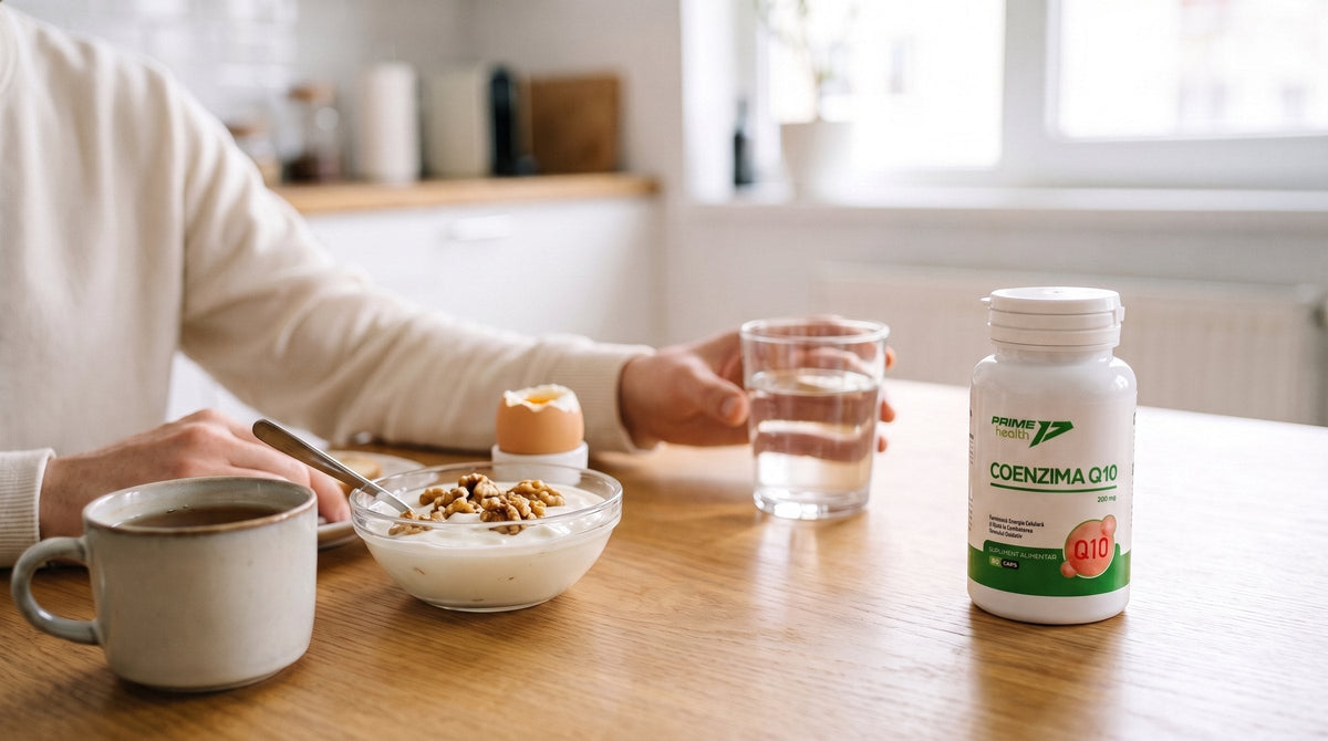 Flacon Coenzima Q10 Prime Health lângă un bol de iaurt cu nuci, un ou fiert și un pahar cu apă, la masa de dimineață