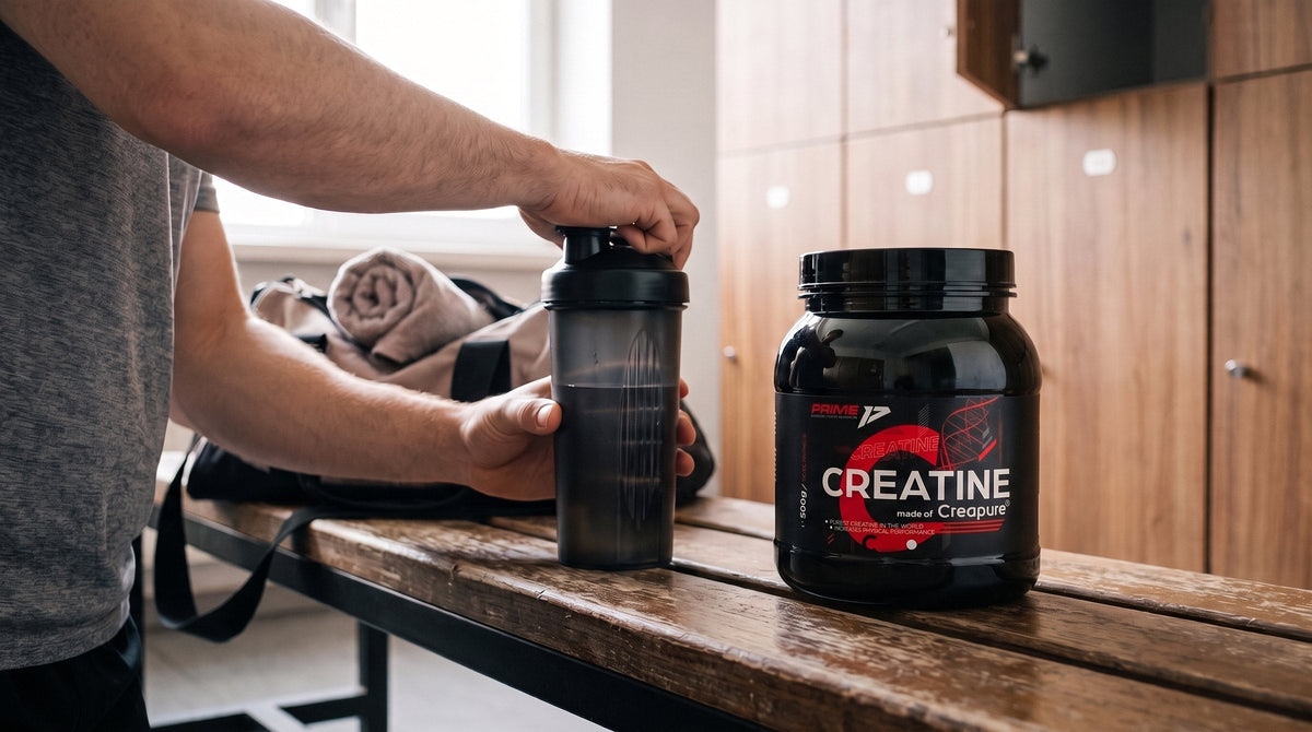 Creatină Creapure® Prime lângă un shaker cu apă pe o bancă din vestiarul sălii, înainte de antrenament