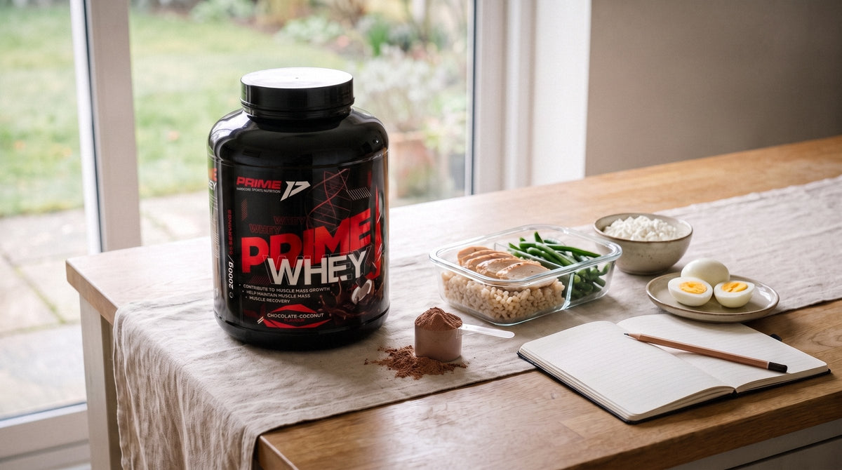 Prime Whey pe o masă de lemn, cu pui și orez la caserolă, ouă, brânză de vaci și un caiet