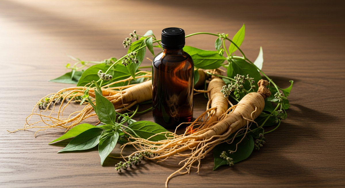 Tinctură din plante: flacon de sticlă brună între rădăcini de ginseng și frunze verzi, pe o masă de lemn