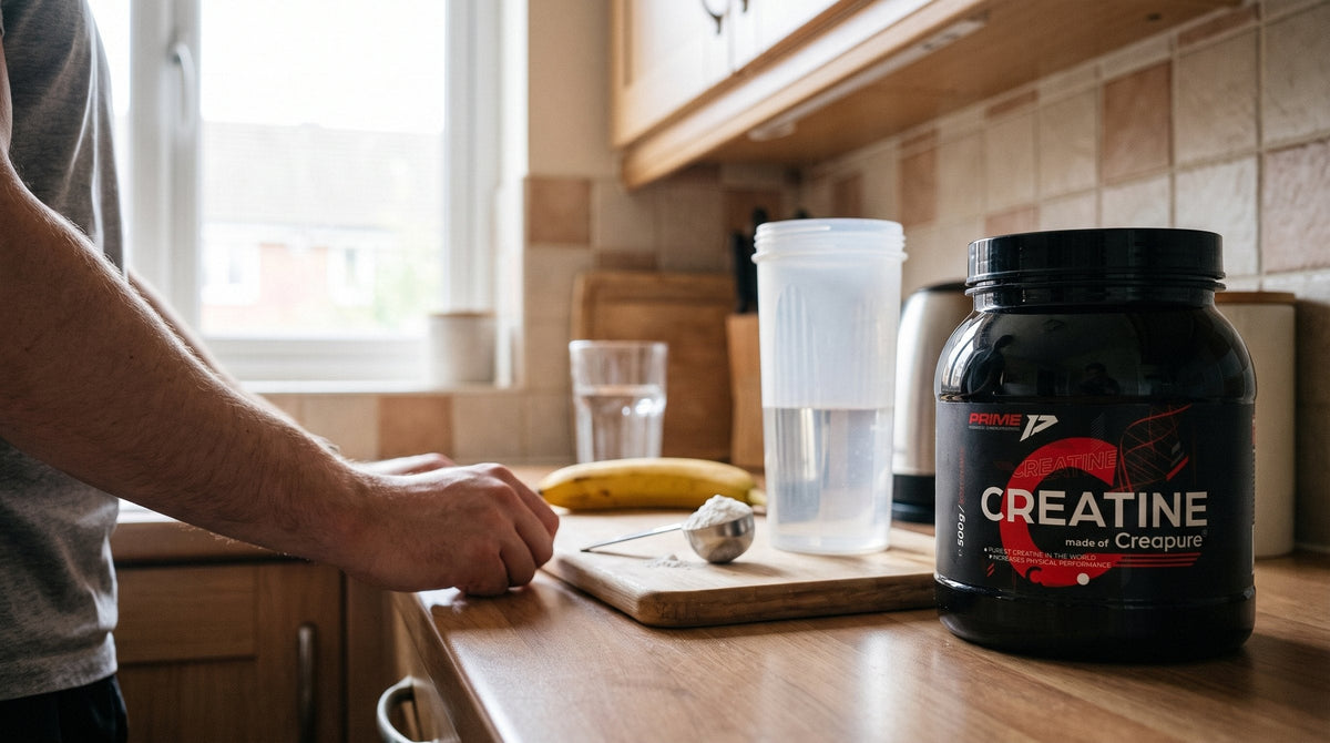 Tub de Creatină Creapure Prime lângă un shaker cu apă, o măsură cu pudră, o banană și mâna unui sportiv, pe blatul bucătăriei
