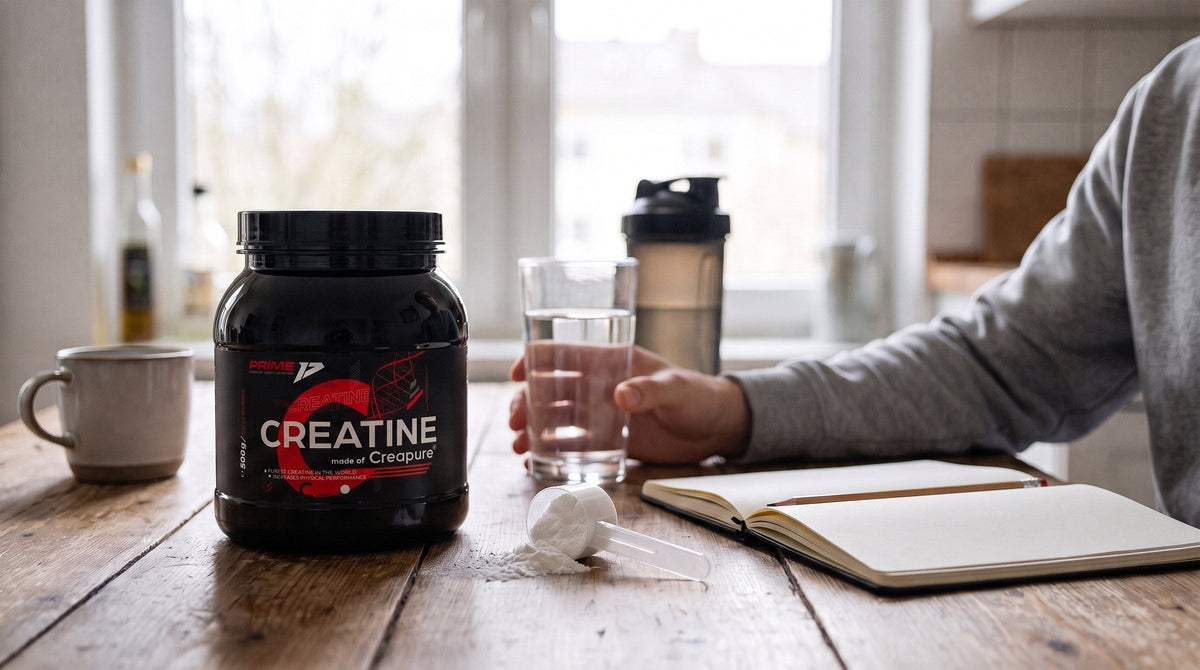 Tub Prime Creatine made of Creapure lângă un pahar cu apă, un shaker, o măsură cu pudră și un caiet pe o masă de bucătărie