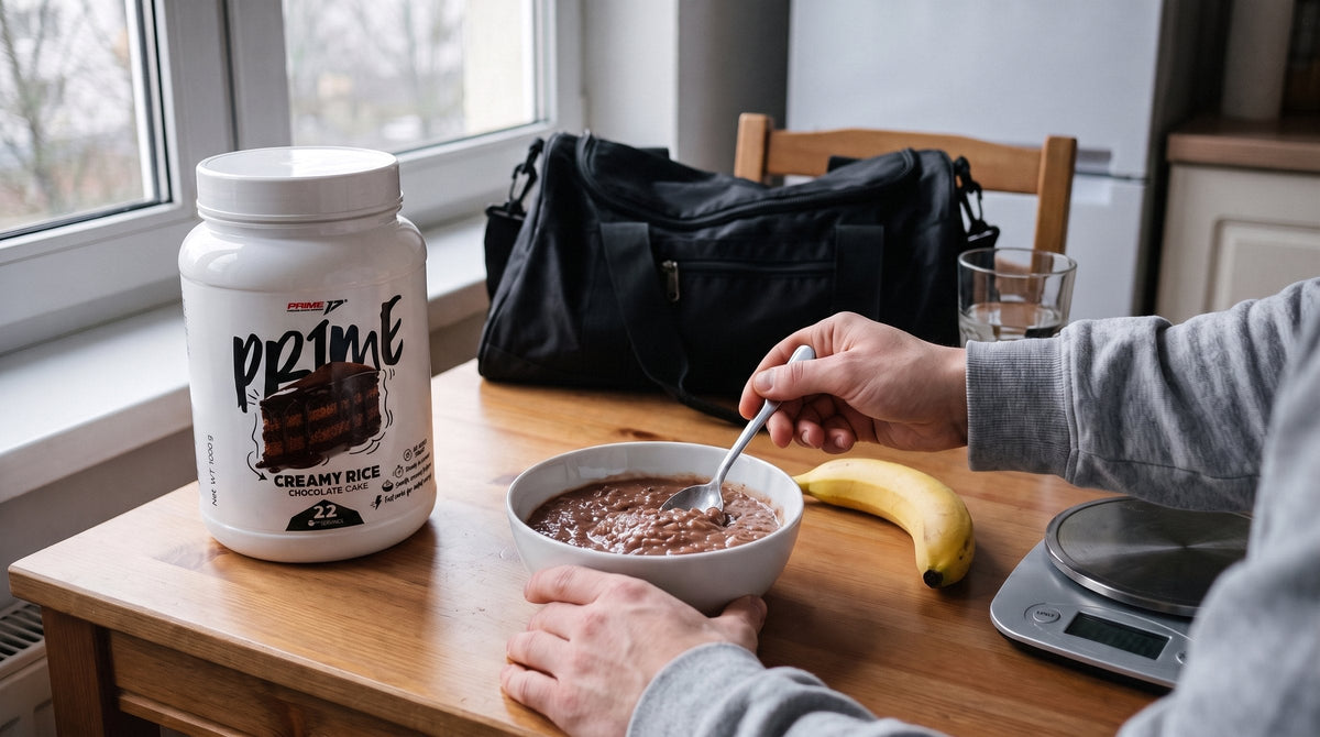 Prime Creamy Rice cu tort de ciocolată lângă un bol cu cremă de orez, o banană și o geantă de sală pe masa din bucătărie