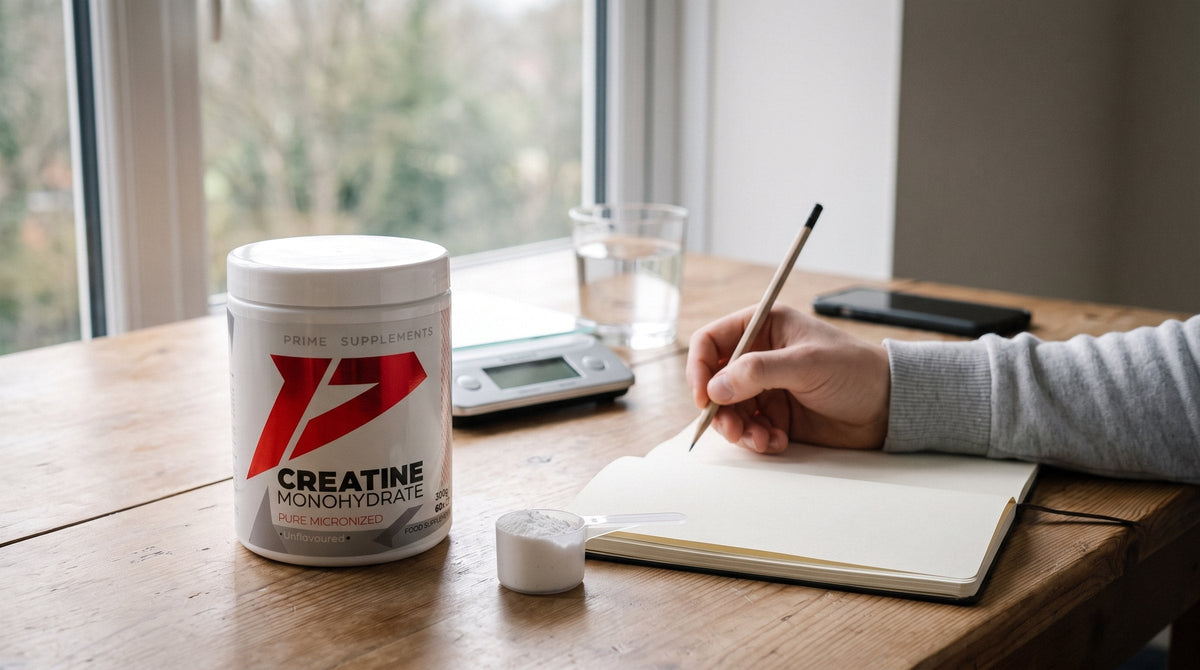 Tub de creatină monohidrat Prime Supplements lângă o măsură cu pudră, un caiet și o mână care notează pe o masă lângă fereastră