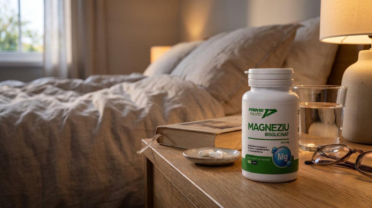 Flacon Magneziu Bisglicinat Prime Health pe noptieră, lângă un pahar cu apă, o carte și capsule într-un bol mic