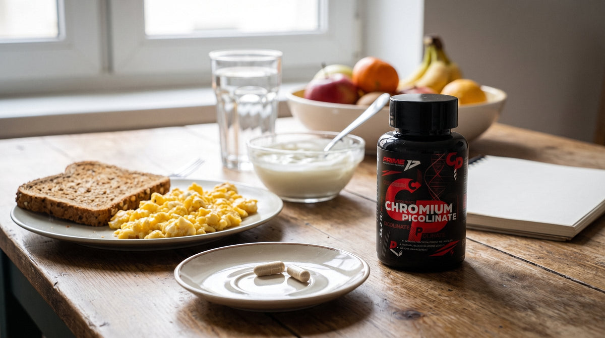 Flacon Prime Chromium Picolinate lângă un mic dejun cu ouă, pâine integrală, iaurt și fructe, pe o masă de bucătărie