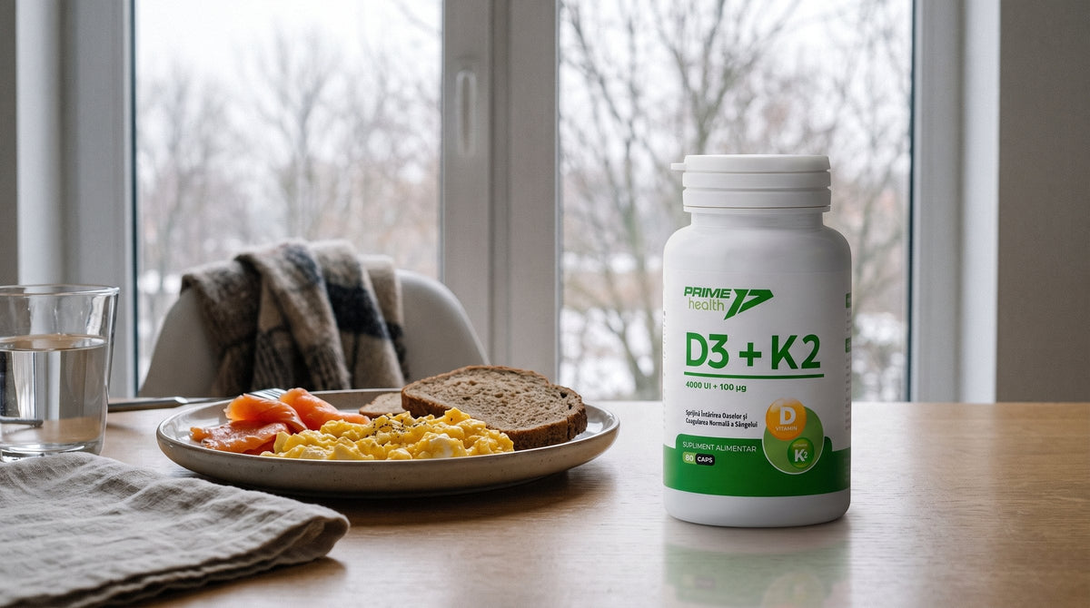 Flacon Vitamina D3 + K2 Prime Health pe masa din bucătărie, lângă o farfurie cu ouă și somon, într-o dimineață de iarnă