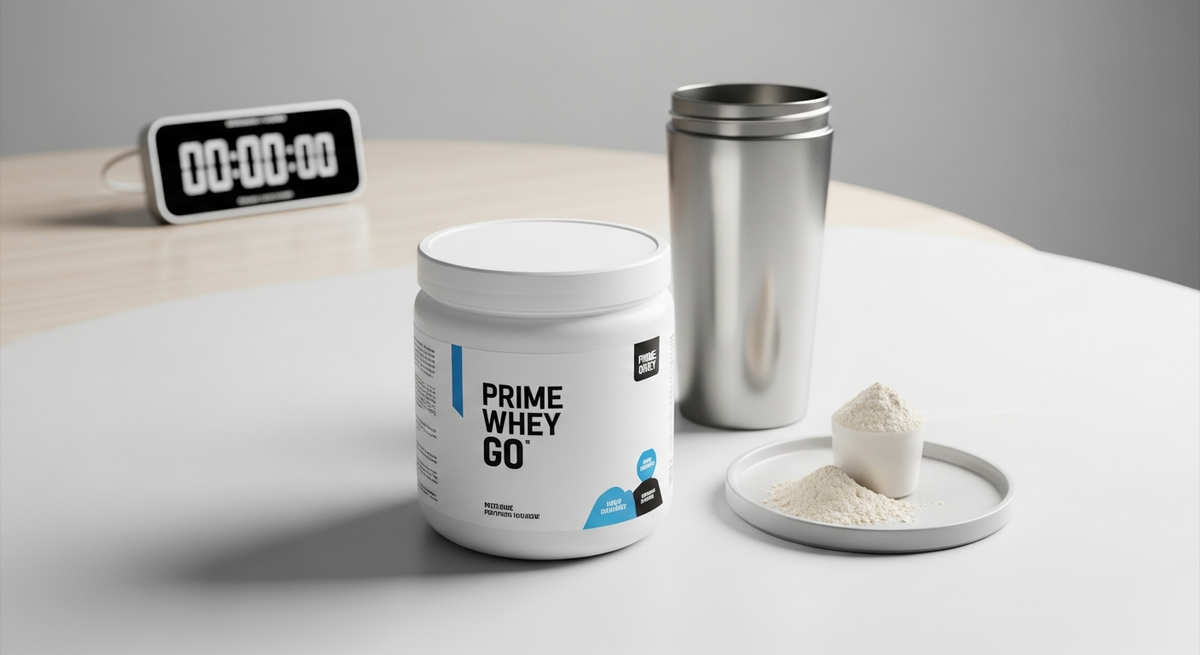 Recipient alb Prime Whey Go lângă un shaker metalic, o linguriță cu pudră proteică și un ceas digital