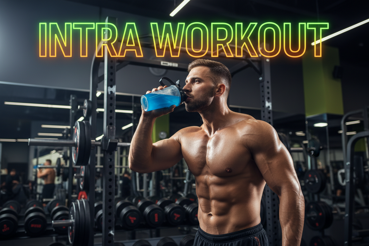 Sportiv la bustul gol bea dintr-un shaker cu lichid albastru într-o sală de forță, sub textul luminos Intra Workout