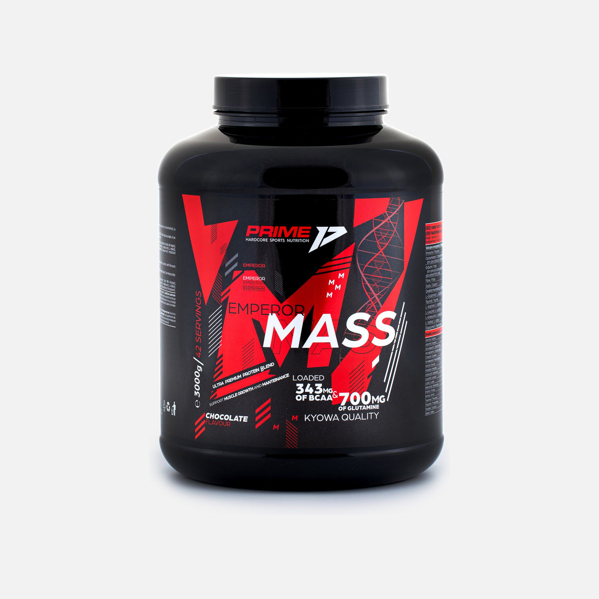 Gainer Emperor Mass 3 kg, aroma Chocolate (ciocolată): tub negru de 3000 g cu 42 de porții, văzut din față