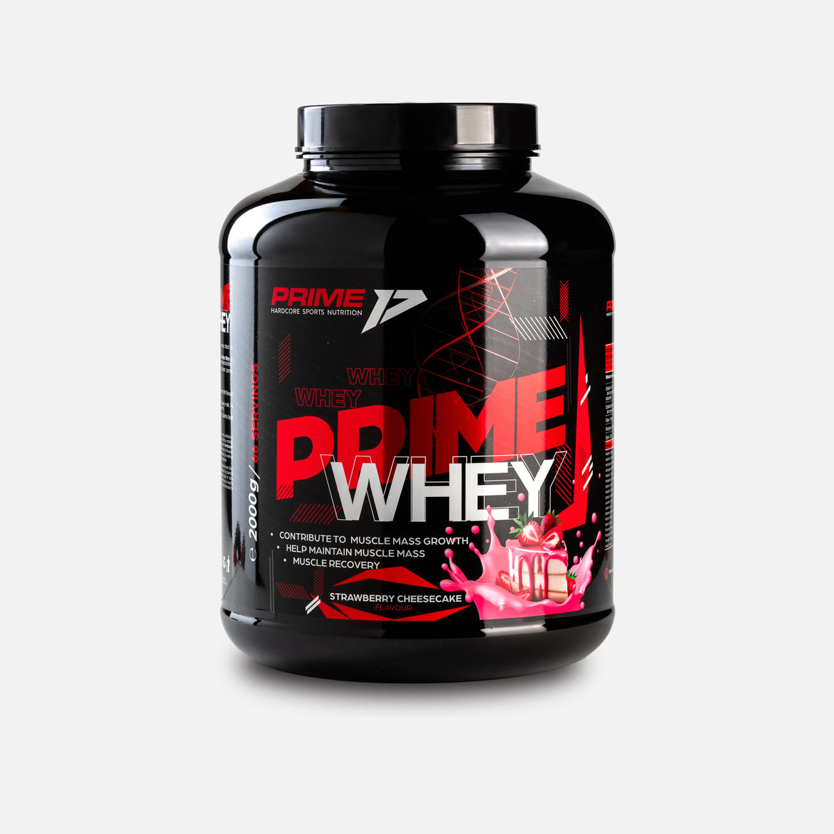 Prime Whey 2 kg, aroma Strawberry Cheesecake (cheesecake cu căpșuni): tub negru de 2000 g văzut din față