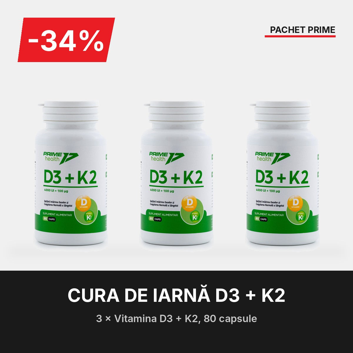 Pachet Cura de Iarnă: 3 × Vitamina D3 + K2 Prime Health