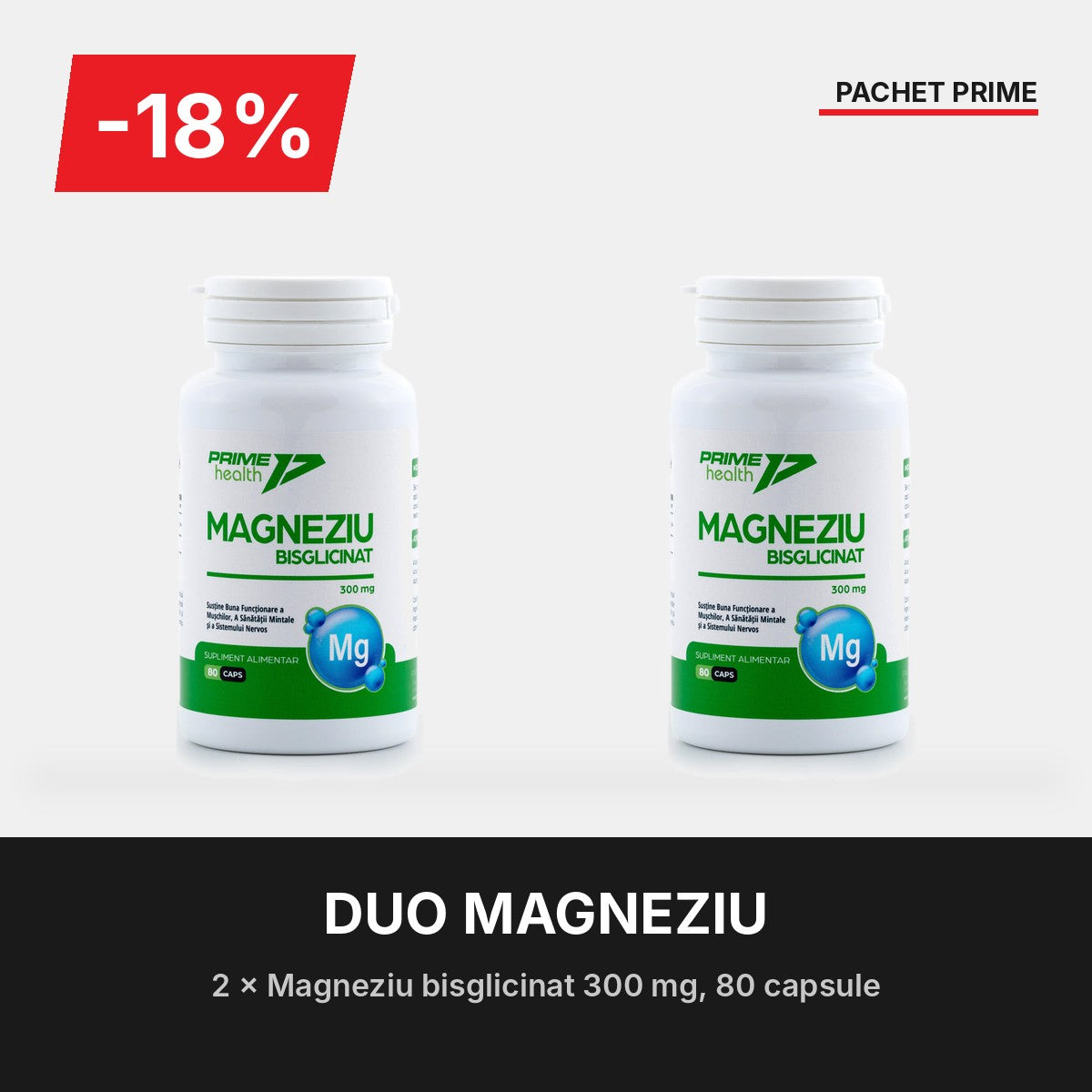 Pachet Duo Magneziu: 2 × Magneziu bisglicinat 300 mg Prime Health