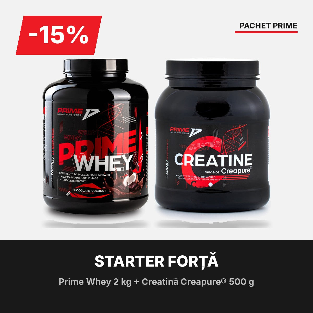Pachet Starter Forță: Prime Whey 2 kg și Creatină Creapure® 500 g