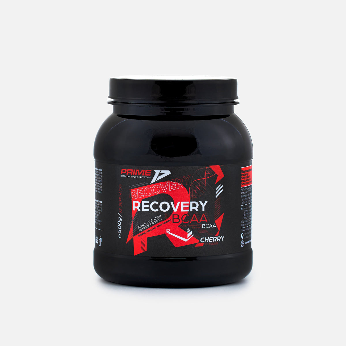 Recovery BCAA 4:1:1, aroma Cherry (cireșe): tub negru de 500 g cu etichetă roșu-negru, 62 de porții, din față