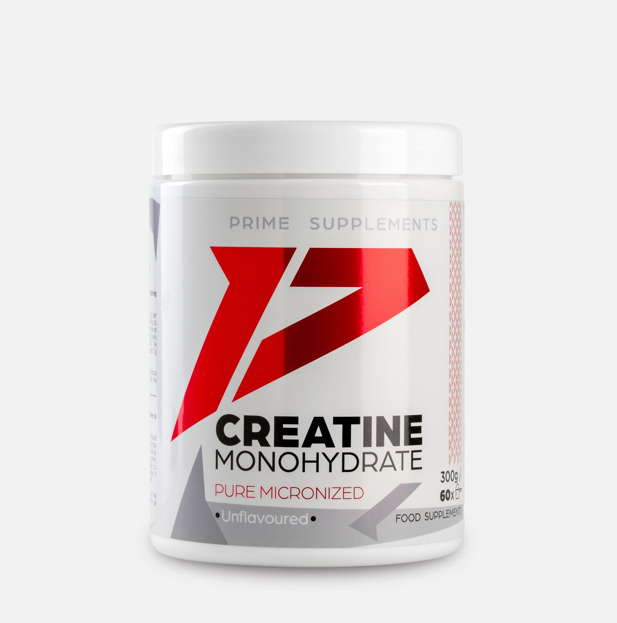 Creatină monohidrată micronizată fără aromă Prime Supplements, tub alb de 300 g cu 60 de porții de 5 g, din față