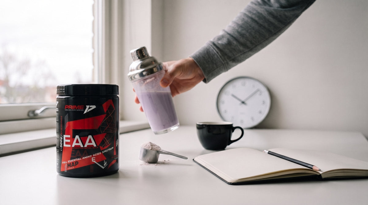 Tub Prime EAA lângă un shaker cu băutură de aminoacizi, o cafea neagră, un ceas de perete și un caiet pe masă