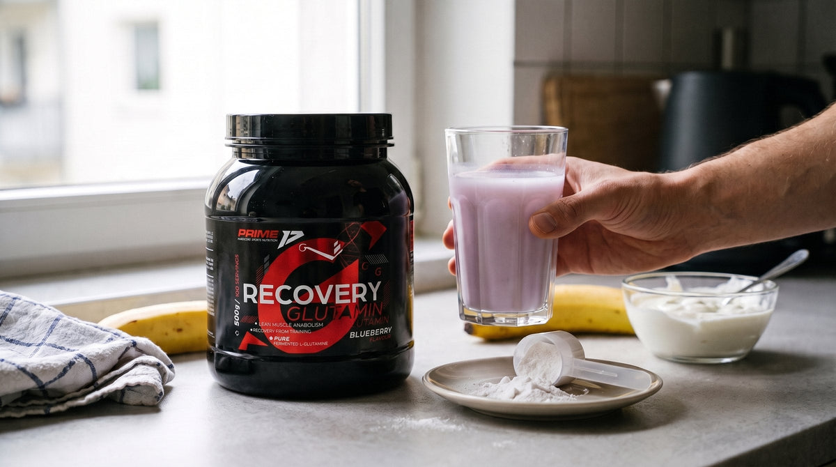 Recovery Glutamin lângă un pahar cu băutură, o măsură de pudră, banană și iaurt, pe blatul unei bucătării