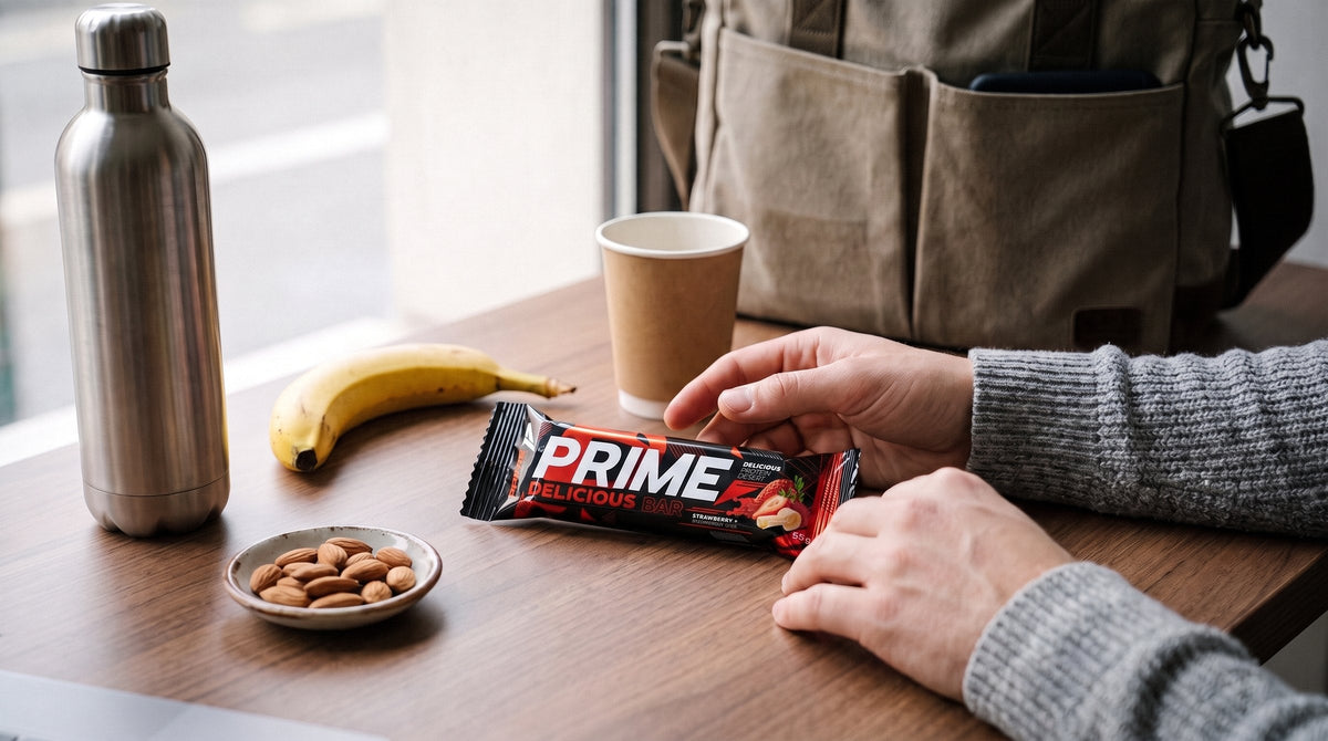 Baton proteic Prime Delicious Bar cu căpșuni pe un birou, lângă o sticlă de apă, o banană și migdale