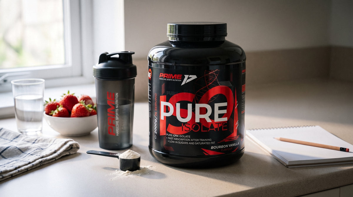 Tub Pure Isolate de 2 kg pe un blat de bucătărie, lângă un shaker, căpșuni și un caiet gol, în lumina dimineții