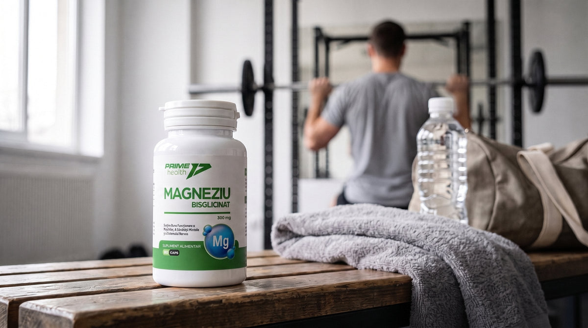 Flacon de Magneziu bisglicinat Prime Health pe o bancă de lemn într-o sală de forță, cu prosop, sticlă de apă și un sportiv în fundal