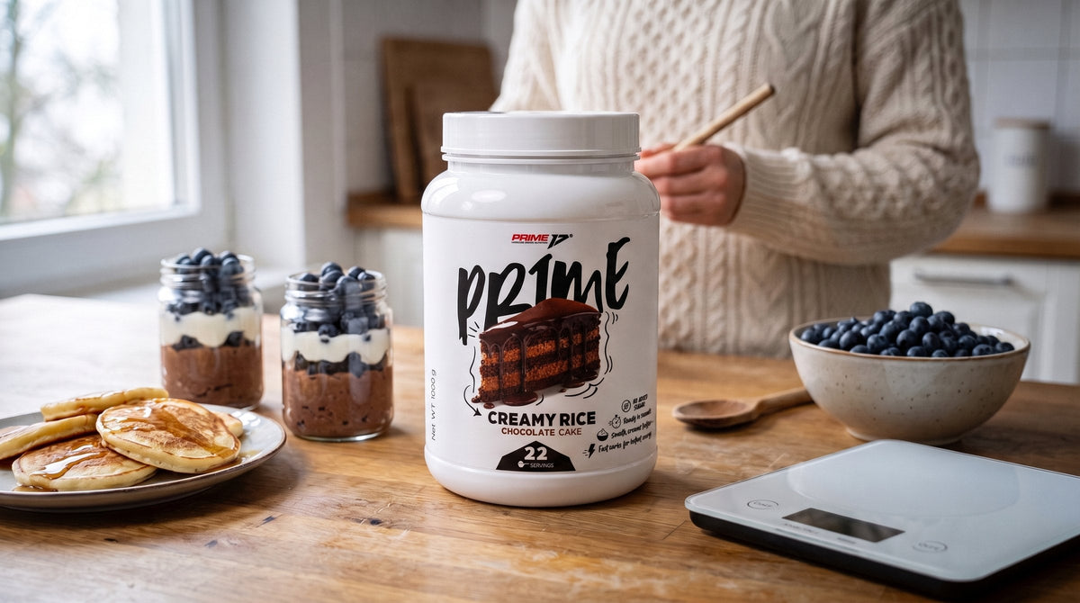 Cremă de orez Prime Creamy Rice tort de ciocolată lângă borcane cu desert de cremă de orez, iaurt și afine, clătite și un bol cu afine