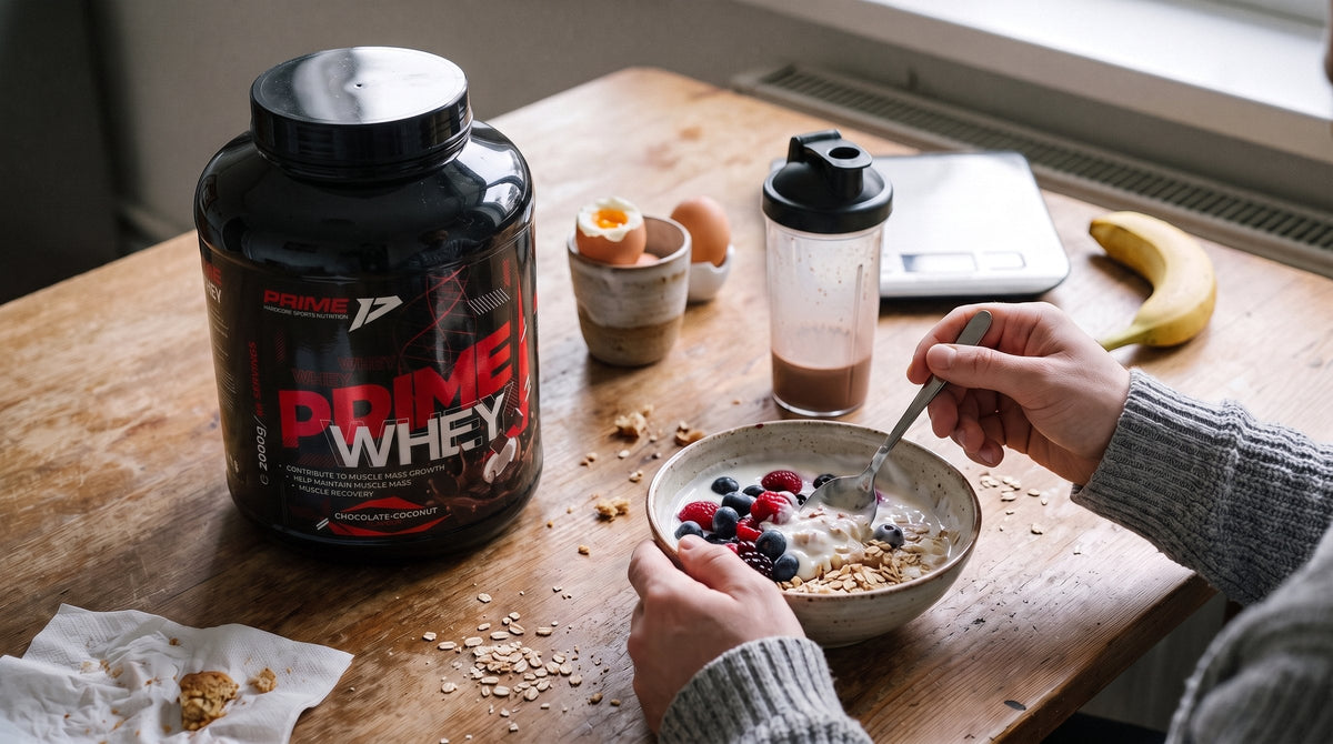 Prime Whey 2 kg lângă un bol de iaurt cu ovăz și fructe de pădure, un shaker și ouă fierte, pe masa din bucătărie, la micul dejun