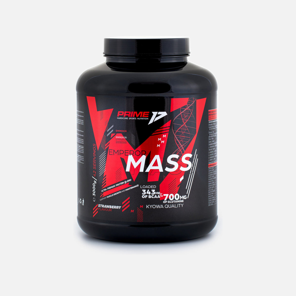 Gainer Emperor Mass 3 kg, aroma Strawberry (căpșuni): tub negru de 3000 g cu 42 de porții, văzut din față