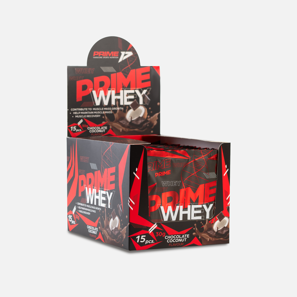 Cutie display Prime Whey Go 30g/15serv cu 15 plicuri de 30 g, aromă Chocolate Coconut, deschisă cu plicurile aliniate