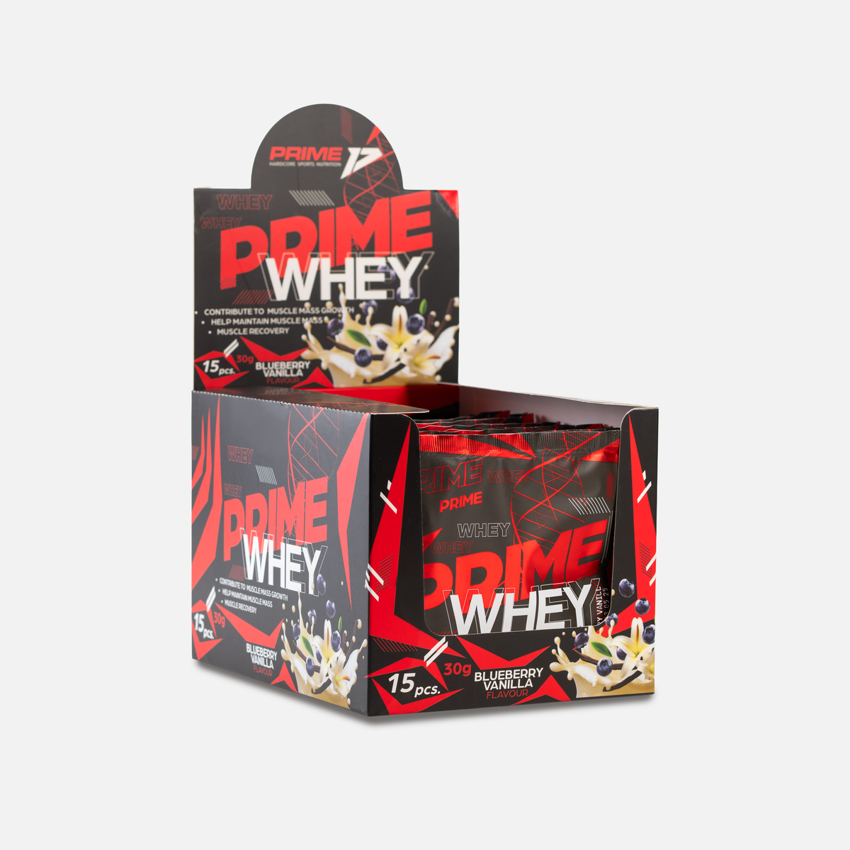 Prime Whey Go 30g/15serv aromă Blueberry Vanilla, cutie de prezentare deschisă cu 15 plicuri, afine și vanilie pe față
