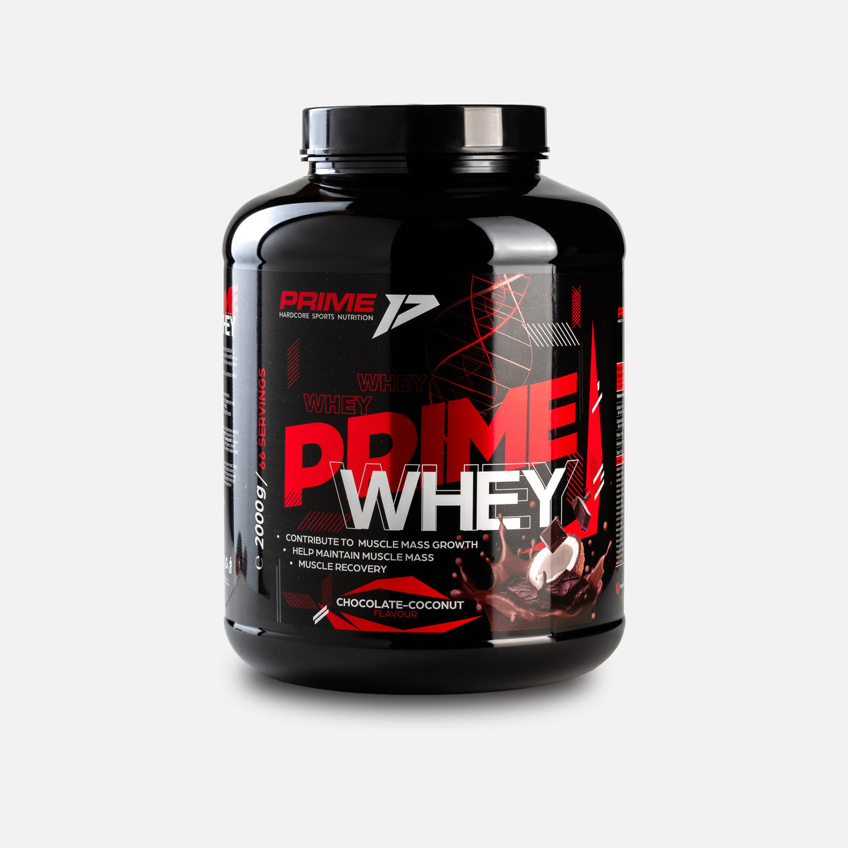 Prime Whey 2 kg, aroma Chocolate Coconut (ciocolată cu cocos): tub negru de 2000 g, 66 de porții, văzut din față