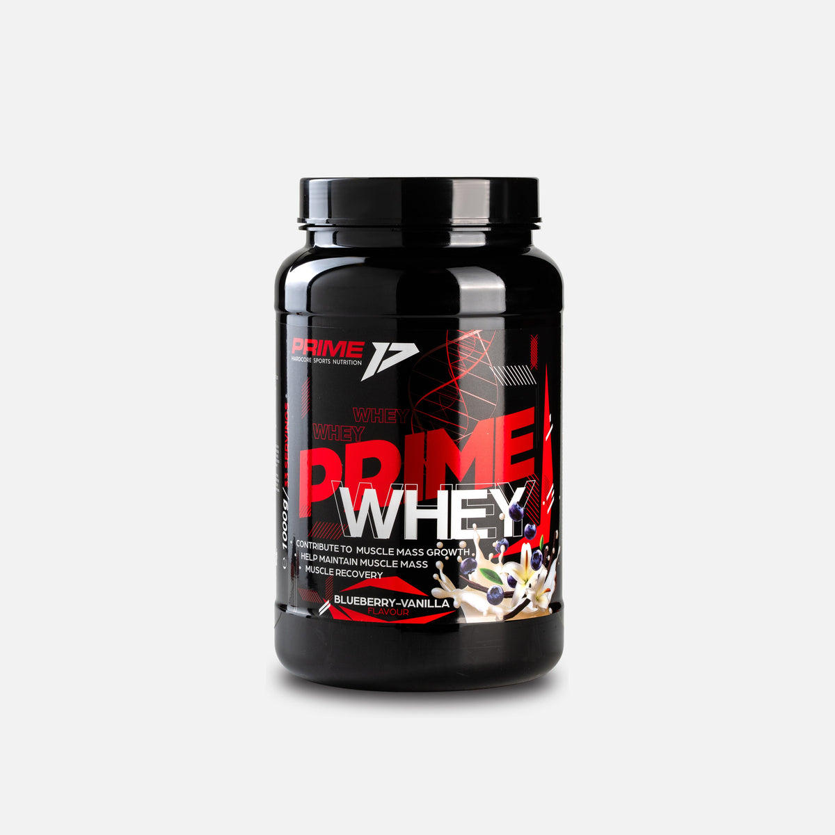 Prime Whey 1 kg, aroma Blueberry Vanilla (afine cu vanilie): tub negru de 1000 g văzut din față