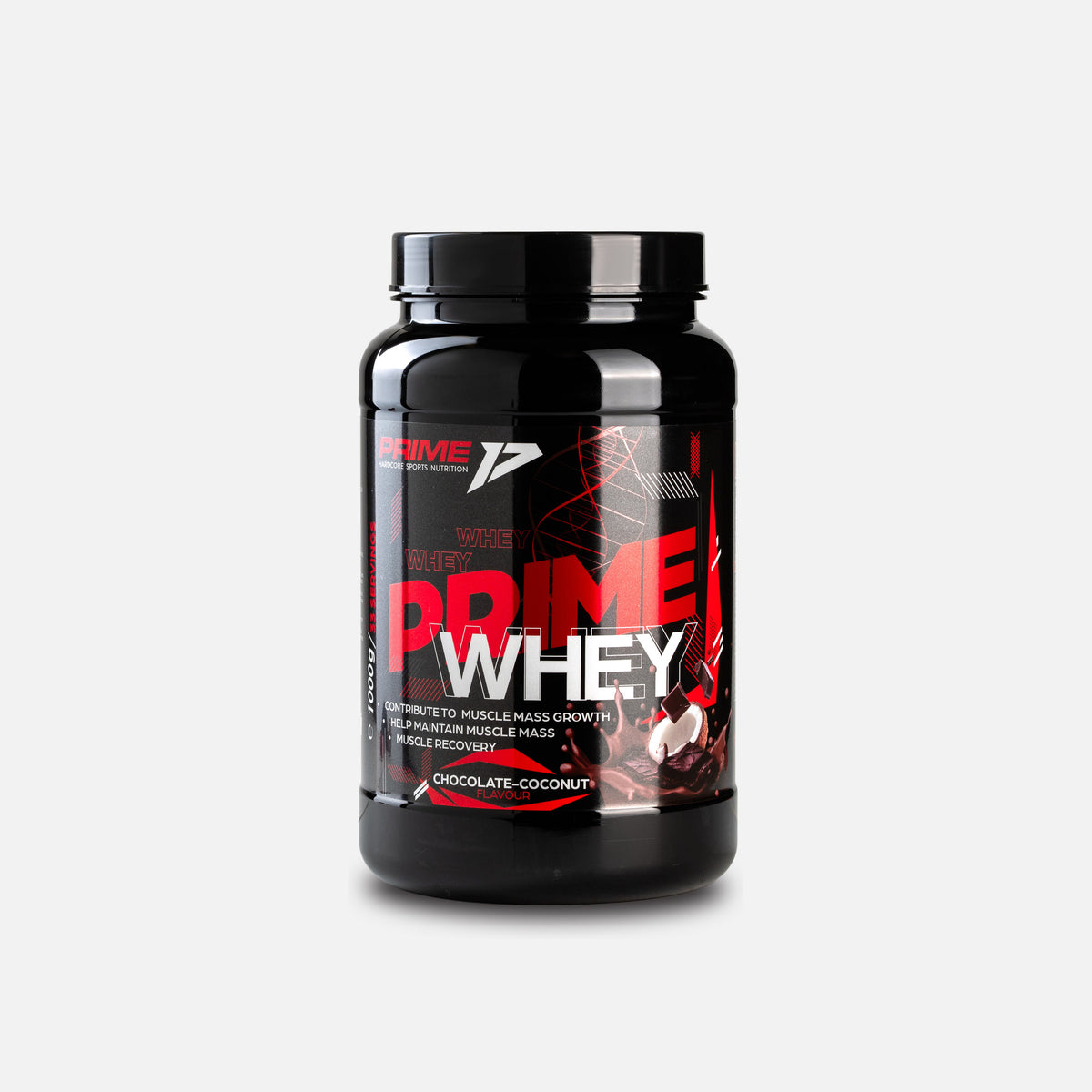 Prime Whey 1 kg, aroma Chocolate Coconut (ciocolată cu cocos): tub negru de 1000 g, 33 de porții, din față