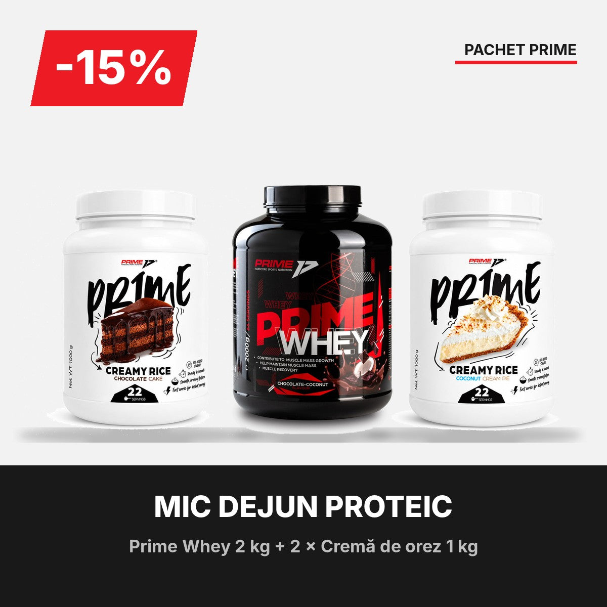 Pachet Mic Dejun Proteic: Prime Whey 2 kg și 2 creme de orez