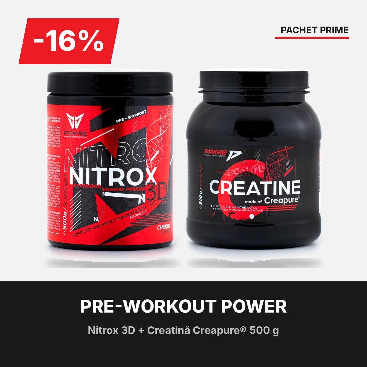 Pachet Pre-Workout Power: Nitrox 3D și Creatină Creapure® 500 g