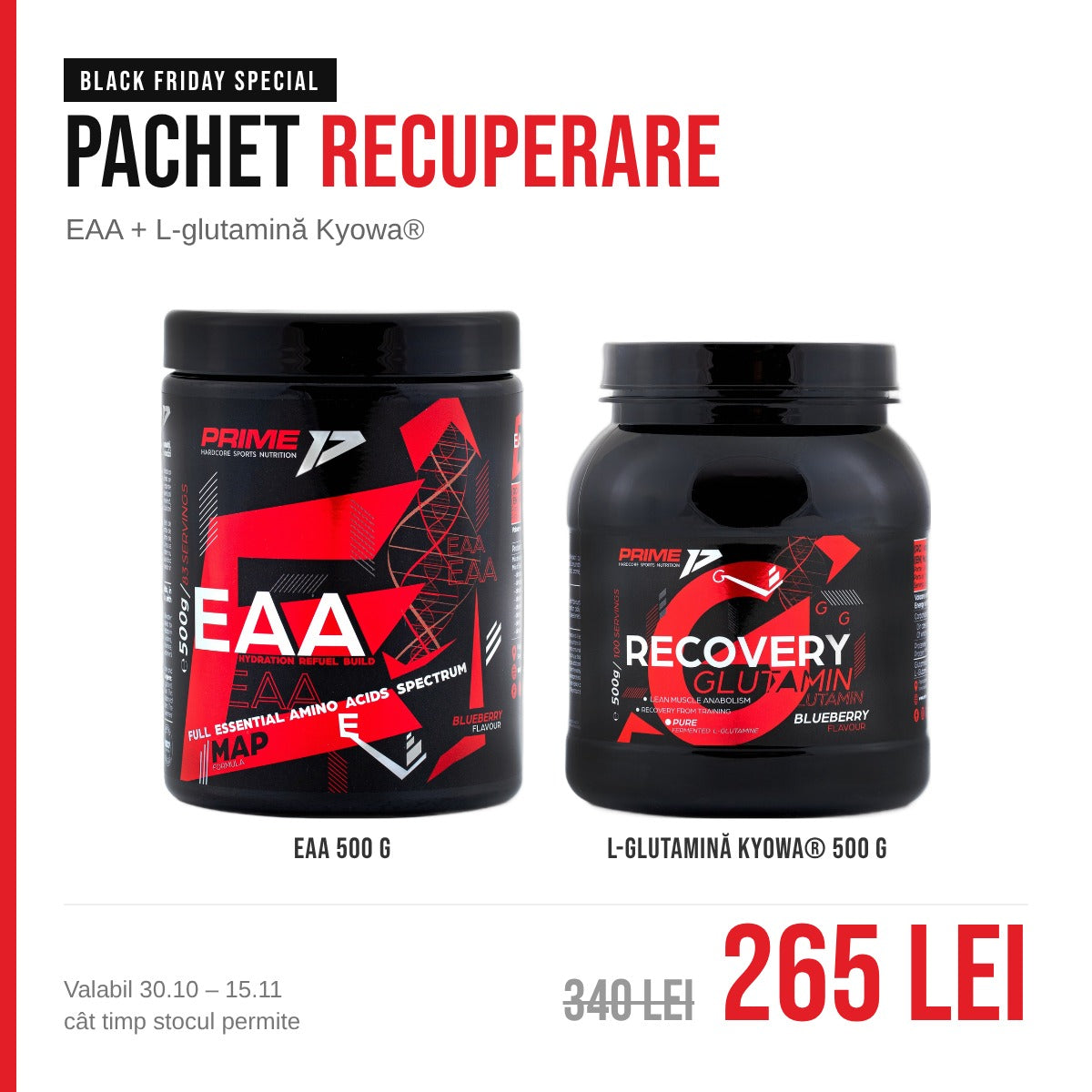 Pachet Recuperare Black Friday: aminoacizi EAA 500 g și L-glutamină Kyowa 500 g