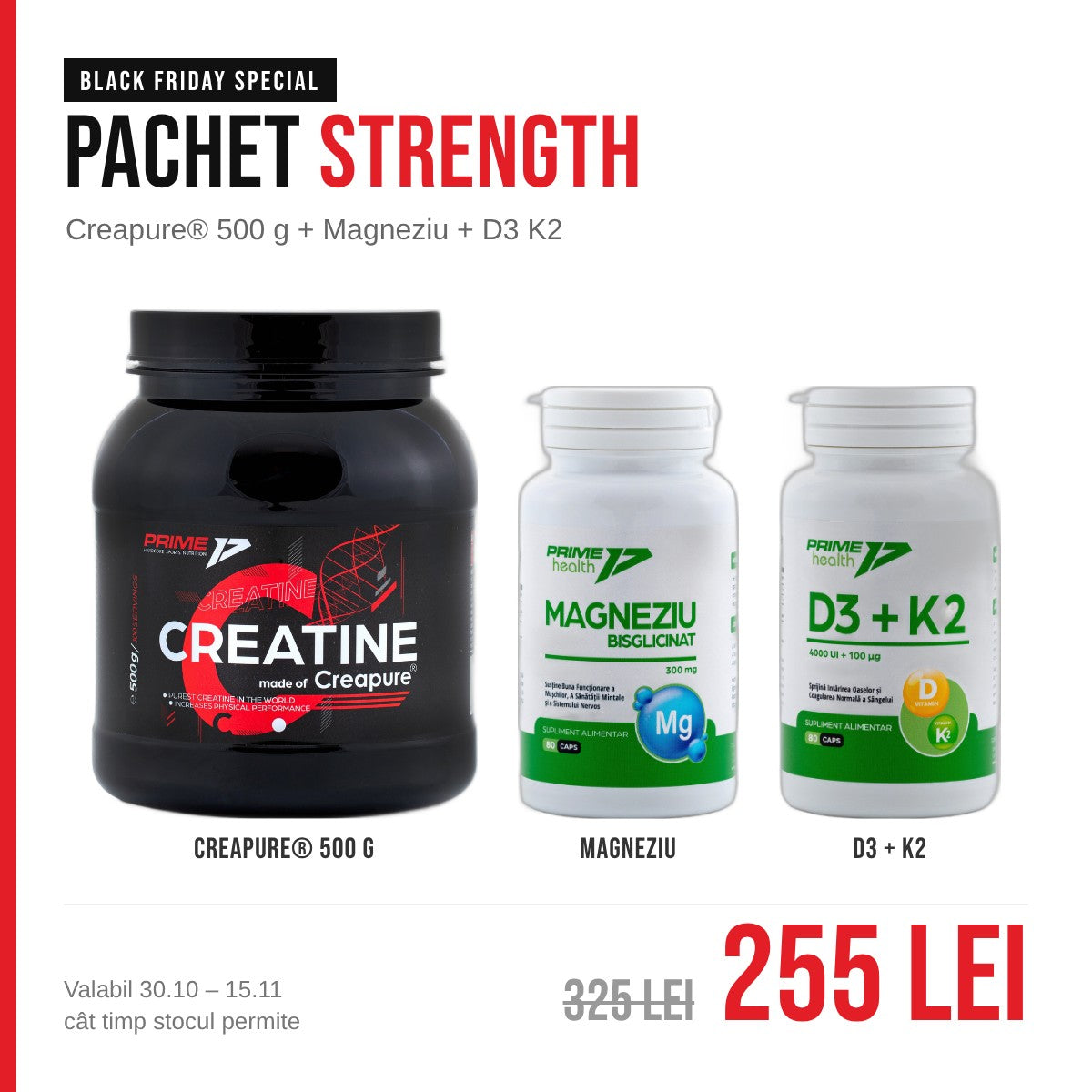 Pachet Strength Black Friday: Creapure 500 g, Magneziu, D3 K2