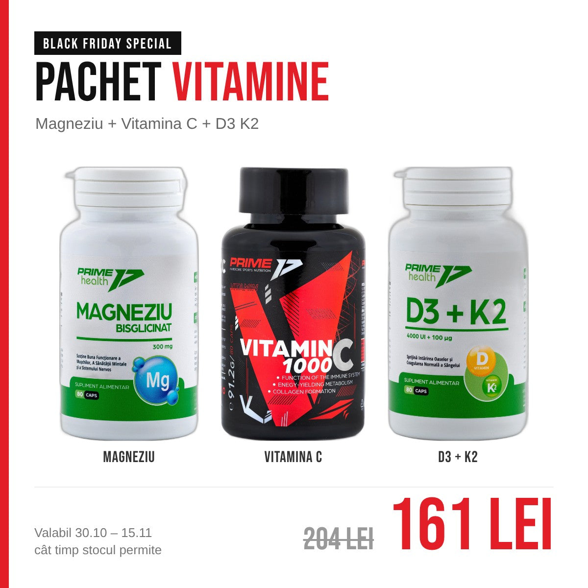 Pachet Vitamine Black Friday: Magneziu, Vitamina C, D3 K2
